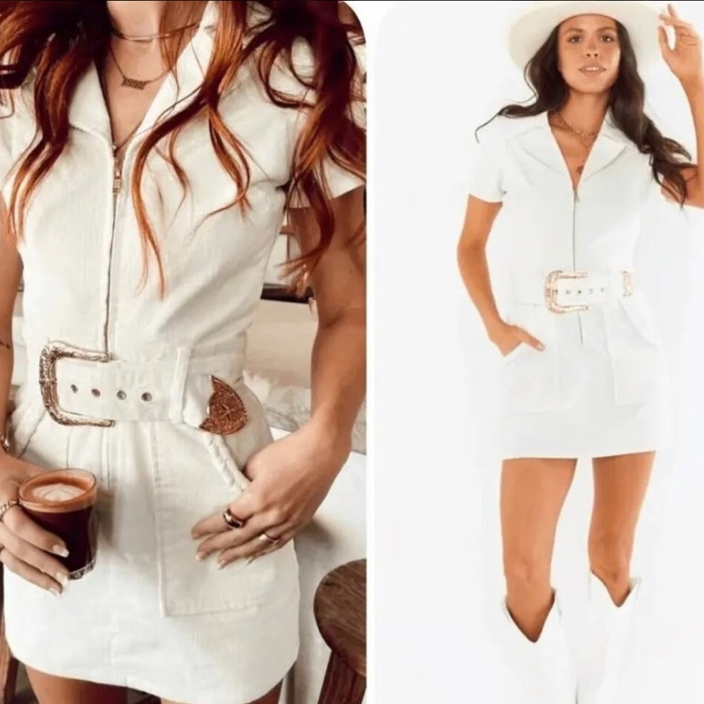 Show Me Your MuMu White Short Sleeve Zip Mini Dress with Decorative Belt